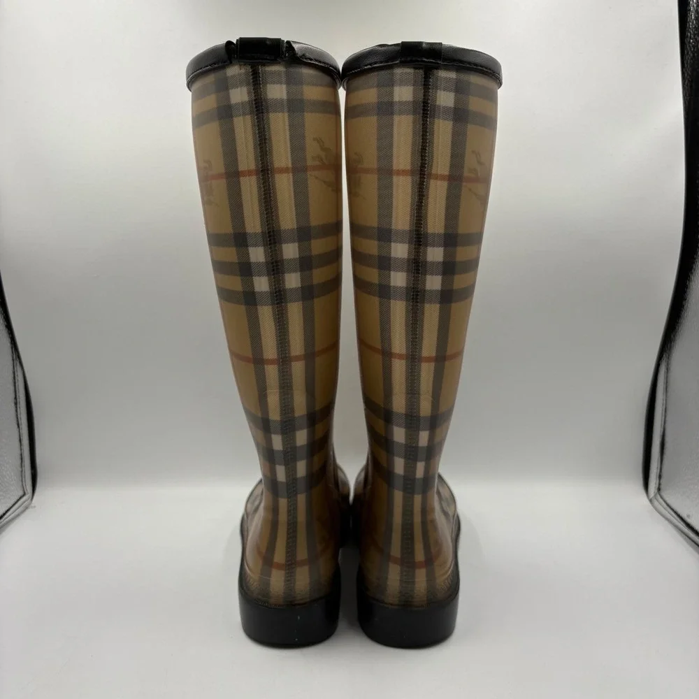 Burberry Rain Boots Women Size 38 Tan Nova Check Tall Haymarket Plaid